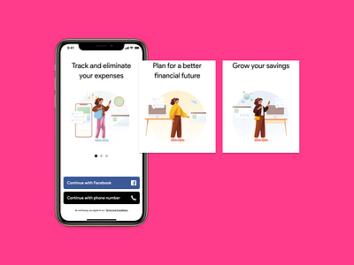 Finance App Walkthrough app carousel design facebook finance finance app finance business iphone mobile ui money onboarding pink savings screen social ui uiux ux walkthrough
