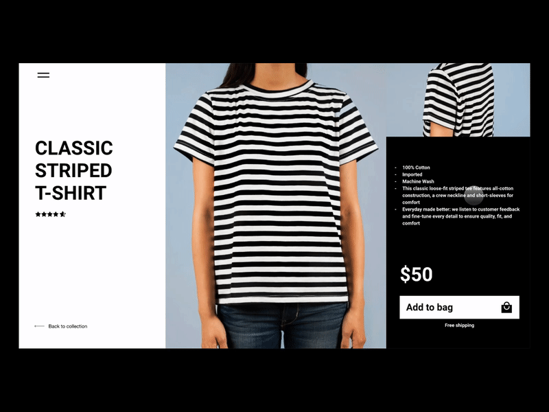 Online T-shirt store | Product Page Image Transition Animation animation black clean clean ui design ecommerce minimal minimal ui online store commerce product page transition tshirt ui uiux ux web design