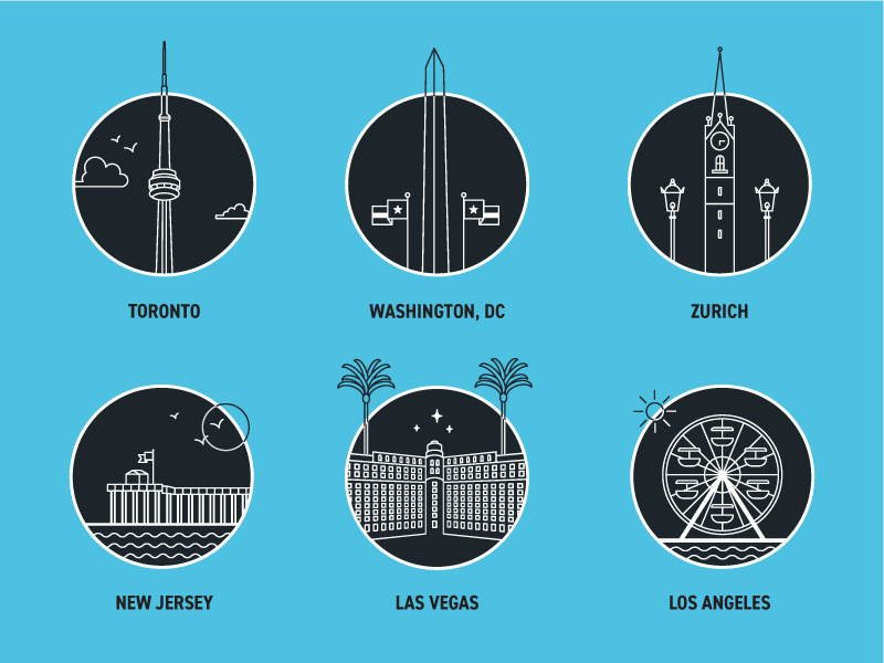 Locations washington dc zurich new jersey las vegas los angeles toronto vector illustration icon set icons