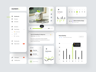 Courseon | E-Learning Dashboard Components chart clean component course coursera e learning education graph learning minimal mobile online online school school sidebar ui uiux university video web