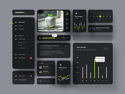 Courseon | E-Learning Dashboard Components | Dark Version chart clean component course coursera e learning education graph learning minimal mobile online online school school sidebar ui uiux university video web