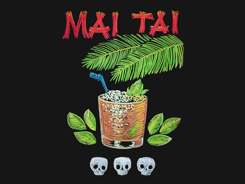 Panic Cocktail Chalk Drawings chalk cherry cocktails drinks illustration leaves lettering mai tai panic tiki tropical zombie