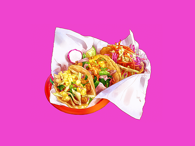 Three Tacos (Camarones, Veggie, Pescado #1) fish food illustration paper por qué no shrimp tacos tortilla vegetables