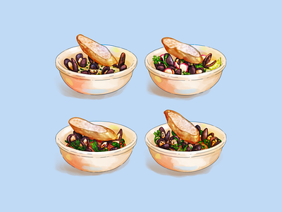 Moules × 4 baguette bowl bread food food illustration illustration la moule moules mussels