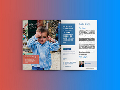 Children's Hunger Fund Fall 2019 Frontlines Spread booklet design brand design branding design flat graphic design illustrator indesign magazine magazine design minimal mockup newsletter newsletter design print design print layout publication design spread typography