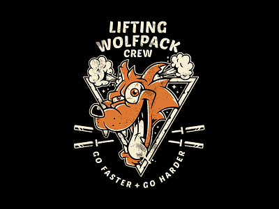 Wolfpack Crew apparel barbell black cartoon crossfit design fitness illustration strong tshirt type wolf