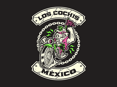Los Cochis Mx badge black cartoon chain freak illustration lowbrow motorcycle speed strong weirdo wheels