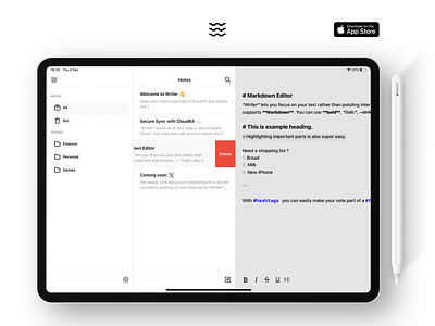 Writer — Notes, Lists, Editor app app design apple application ios mac minimalist notes notes app text typogaphy writer