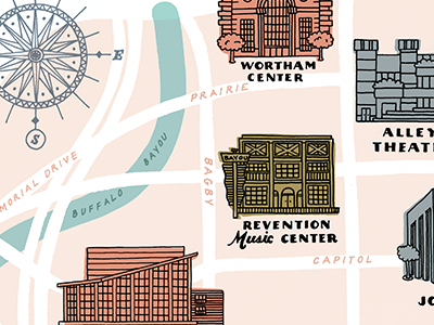 Theatre District architecture illustration lettering map texas theatre