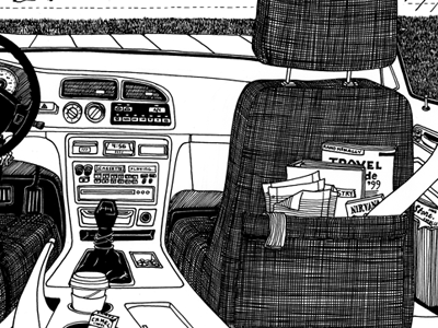 Car Interior car editorial illustration pen and ink