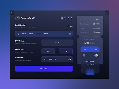 BataviaCard Payment Gateway - Dark Version app bill branding card dark mode dashboard form nft payment ticket tix verification