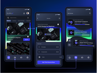Guru Mobile Apps, Card, Home, Preview, Details, My Course 3d ahmad arif zulfikar app branding card delete design details ecommerce guru home logo mobile my course nft option preview swipe ui