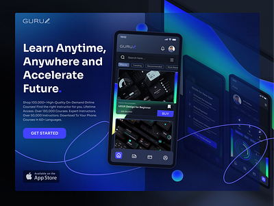 Guru Mobile Apps, Landing Page, Get Started, Learn, My Course 3d ads ahmad arif zulfikar app branding design ecommerce instagram interaction logo marketing nft playoff product ui uiux uxdesign weeklywarmup