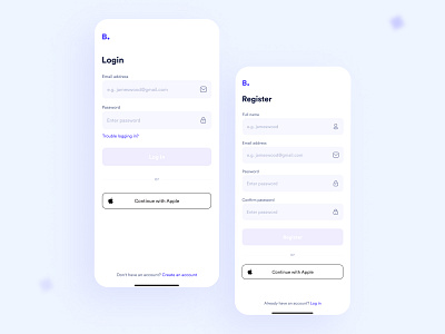 Register/Login Screens application appui design login minimal mobile app mobile ui mobileapp register uidesigner uiux ux