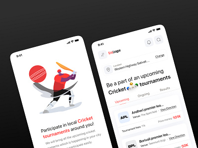 Cricket tournaments app concept app application cricket minimal mobile mobile ui sports uidesigner uiux ux