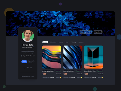 NFT Profile Page 🚀 dashboard cards dashboard sections dashboard ui ux nft dashboard nft details page nft notifications nft profile page nft settings page ui desing ui ux ux design web cards web design web sections web ui ux webpage