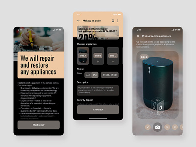 Mobile application for the repair of household appliances. appliances courier delivery figma foto ios mobile app repair speaker startup store ui ux ux ui design