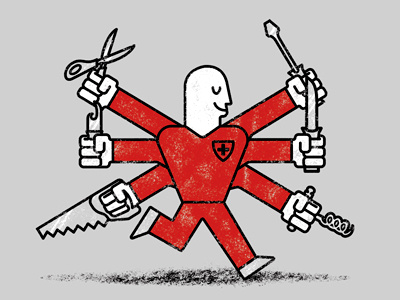 The Most Useful Man in Switzerland army character design illustration knife man saw scissors screwdriver swiss tools