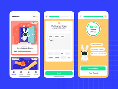 Bitcoin Lessons — E-learning App app app design bitcoin criptocurrency design digital products digital studio elearning engaging illustration interface lessons progress progress pie satoshis screens startup ui user friendly z1