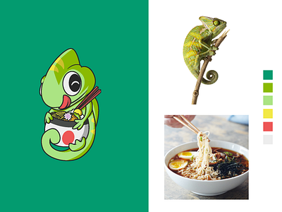 Chameleon Ramen animal chameleon character character design character logo cute design flat flat design green iconic flat illustration japan logo minimal ramen vector