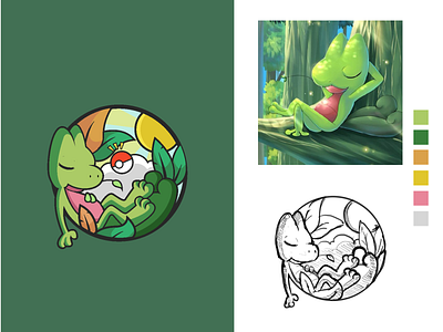 Trecko is asleep on a tree branch 🌲🍃🌿 animal bulbasaur character character design cute design flat design grass green iconic flat illustration logo minimal pokeball pokemon pokemon art pokemon logo tree vector