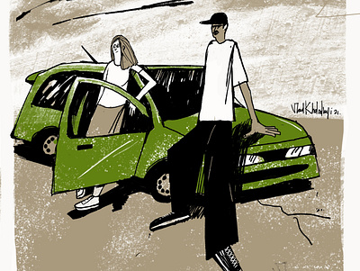 Green car black and white boy car character drawing illustraion sketch