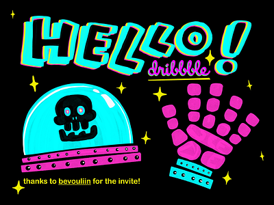 Proper Dribbble Debut alien debut hello illustration neon robot scifi skull space typography