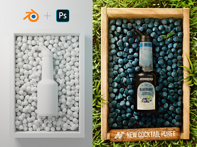 ADV Puree for cocktail NP1882 - Blueberry 3d advertising blender blueberry bottle clay cocktails design digital retouching fruits grass nature packaging photoshop render scene wood box