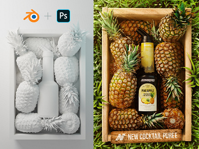 ADV Puree for cocktail NP1882 - Pineapple 3d adverting blender bottle clay cocktails design digital retouching fruits grass nature packaging photoshop pineapple piña render scene wood box