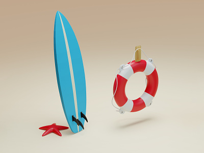 Beach details 3d beach blender details illustration life buoy low poly miniature model render sea star starfish surf surf board