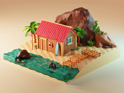 Beach Illustration 3d beach blender diorama illustration island isometric low poly lowpoly miniature model scene scenery sea summer summertime surf