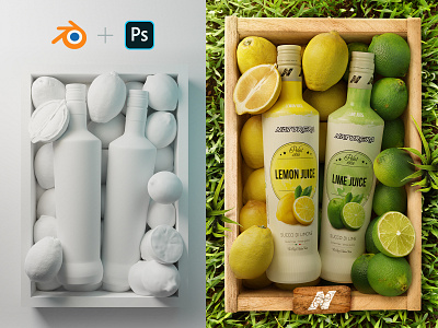 ADV Lemon & Lime juice NP1882 3d advertising blender bottle design fruits juice lemon lime nature packaging photoshop retouching scene wood box