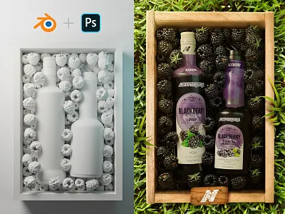 ADV Blackberry Syrup - Naturera Polot 1882 3d advertising blackberry blender bottle design fruit geometry nodes juice nature packaging photoshop retouching scene syrup wood box