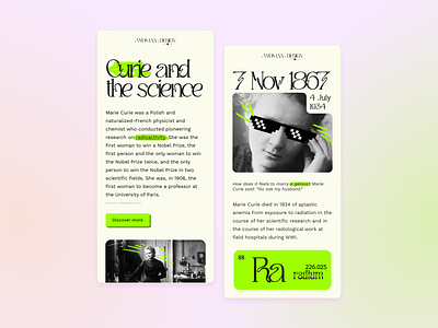 Marie Curie, 1 woman, 1 design app branding design mobile ui