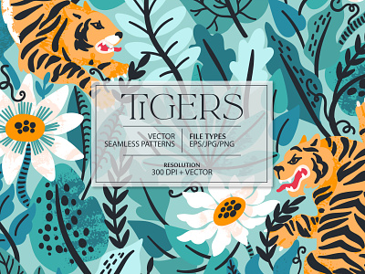 TIGERS seamless pattern animal blossom design exotic floral flower illustration jungle pattern rainforest seamless tiger tropic tropical vector