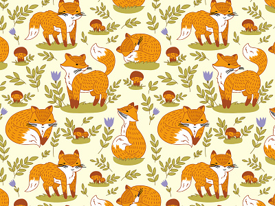 Fox animal cute flower forest fox mushroom pattern seamless