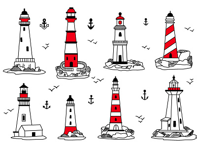 Lighthouse icons anchor house icon light lighthouse nautical sea vector