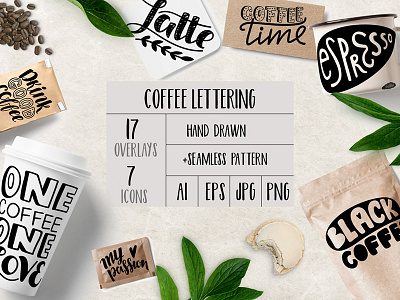 Coffee overlays cafe coffee hand draw illustration lettering pattern phrase quotes seamless vector