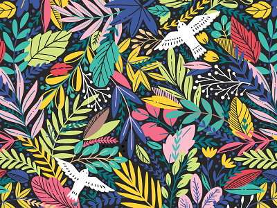 A dream in a summer night bird blossom exotic jungle leaf leaves pattern seamless spring summer textile