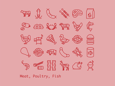 Meat, Poultry, Fish Line Icons branding design graphic design icon design icon set iconography icons illustration illustrator line icons