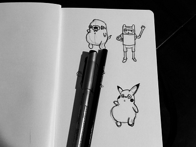 Finn, Jake and Pikachu adventure time hand drawn illustration pen penicil pikachu pokemon sketch