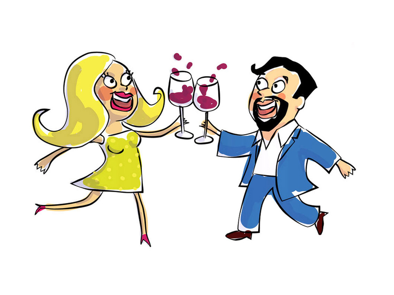 Cheers couples digital color drawing illustration party vector artwork wine