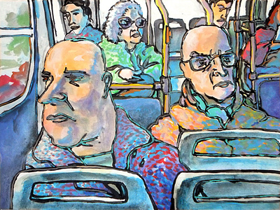 On the bus acrylic art drawing illustration painting public transport