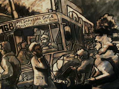 Crossing bus chiaroscuro drawing illustration people streetart urban sketching