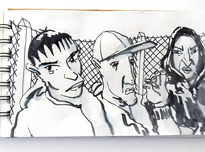 Three guys chiaroscuro drawing illustration marker pentel brush sketchbook