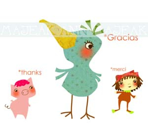 Gracias. Thank You. Merci. bird children cute digital illustration kawaii kid pig thankyou