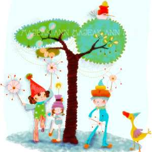 Celebrate Life! celebrate children cute digital duck illustration kawaii magic naive sparks tree