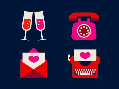 Valentine's Day Icons champagne envelope heart icons love romance rotary phone typewriter valentines day