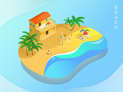 Vector painting of Beach beach blue chalet house sand sea yellow