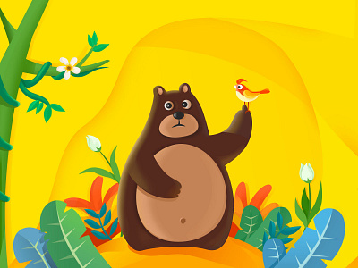 A Bear in the wood bear bird drawing illustration the wood vector